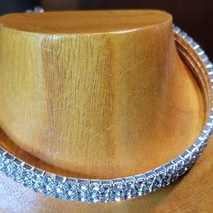 Silver Tone with Icy Rhinestones Choker Collar Necklace 3 Rows Crystals
